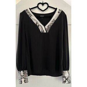 Women’s Express V-Neck Black Long Sleeve Blouse Top with Snakeskin Trim Size SP